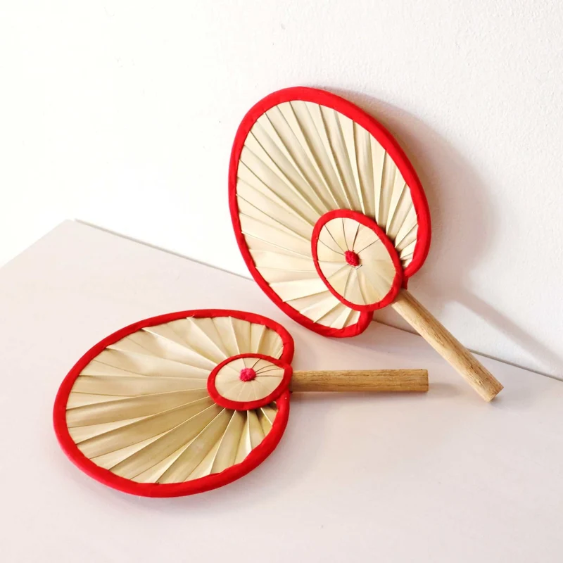 Round Palm Leaf Hand Fan with Red Trim — Handmade Boho Natural Woven Cooling Fan