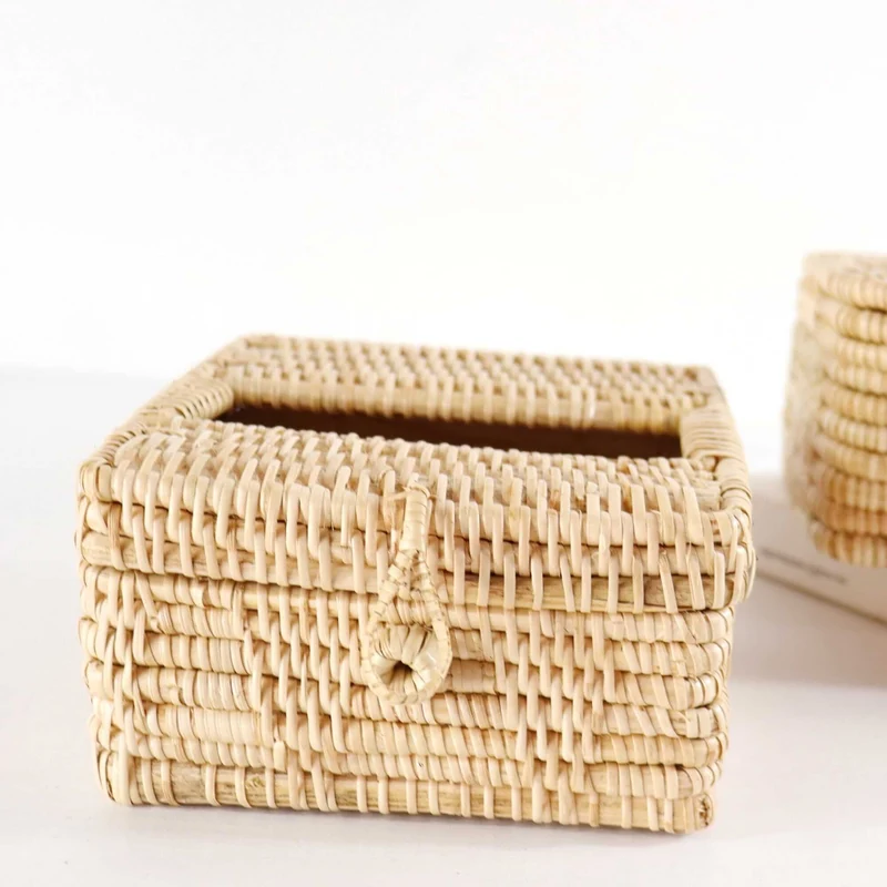 Natural Square Rattan Tissue Box Cover — Boho Handwoven Bathroom Vanity Decor Organizer