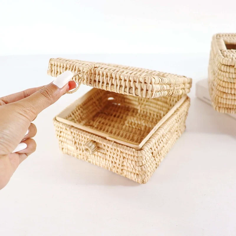 Natural Square Rattan Tissue Box Cover — Boho Handwoven Bathroom Vanity Decor Organizer