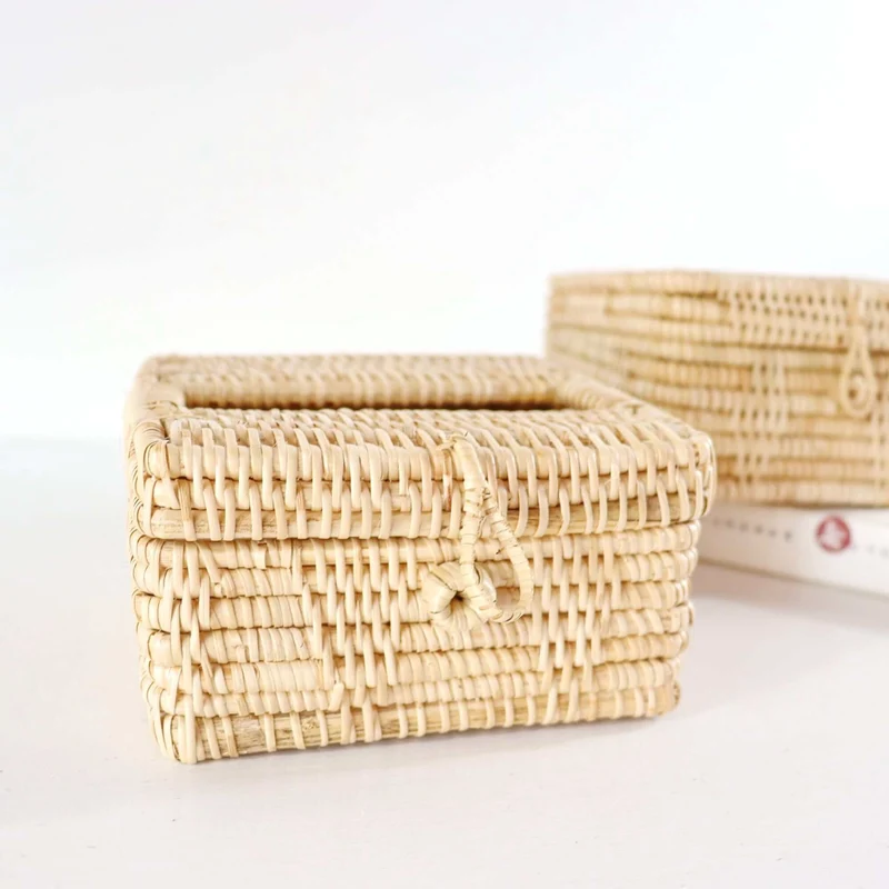 Natural Square Rattan Tissue Box Cover — Boho Handwoven Bathroom Vanity Decor Organizer