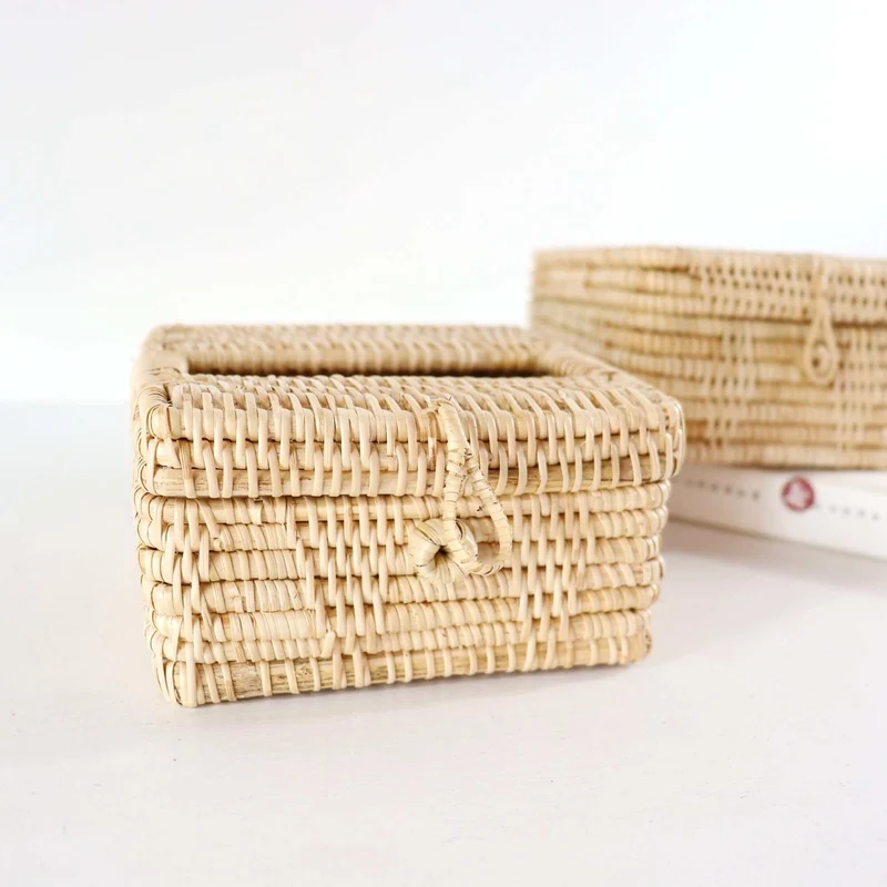 Natural Square Rattan Tissue Box Cover — Boho Handwoven Bathroom Vanity Decor Organizer