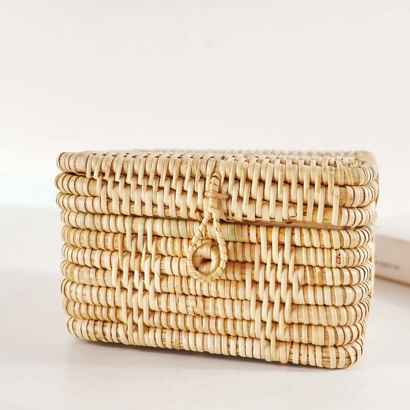 Natural Square Rattan Tissue Box Cover — Boho Handwoven Bathroom Vanity Decor Organizer