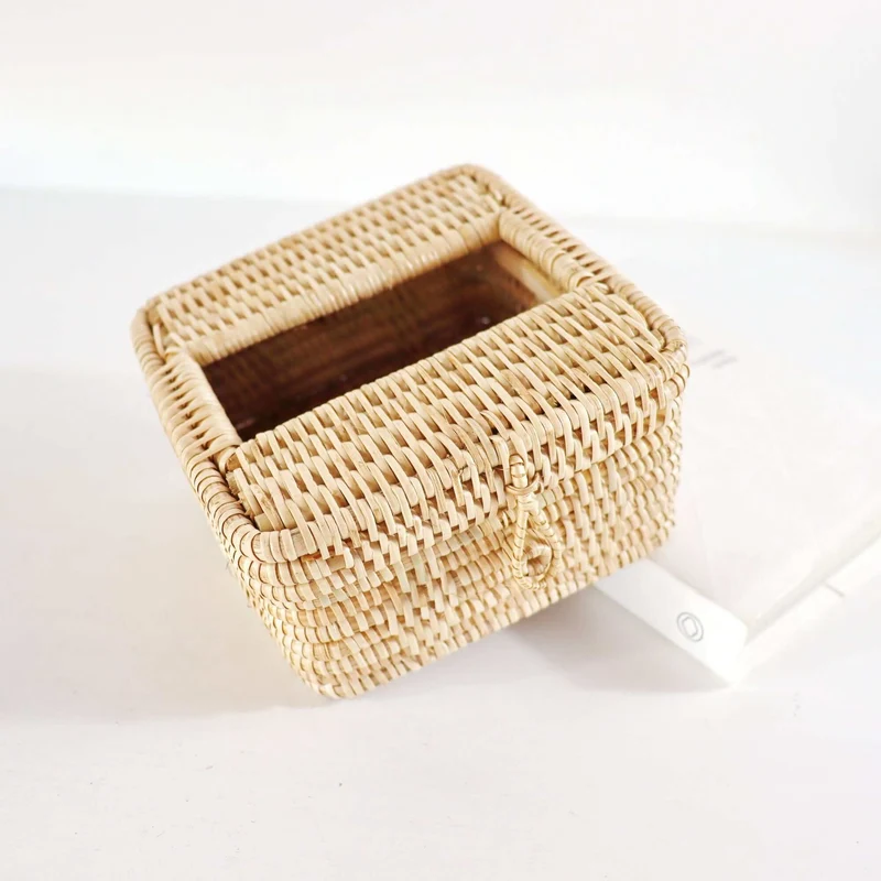 Natural Square Rattan Tissue Box Cover — Boho Handwoven Bathroom Vanity Decor Organizer