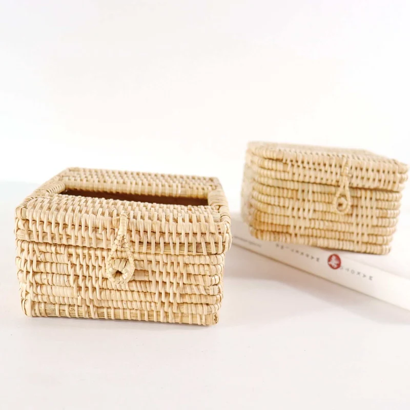 Natural Square Rattan Tissue Box Cover — Boho Handwoven Bathroom Vanity Decor Organizer