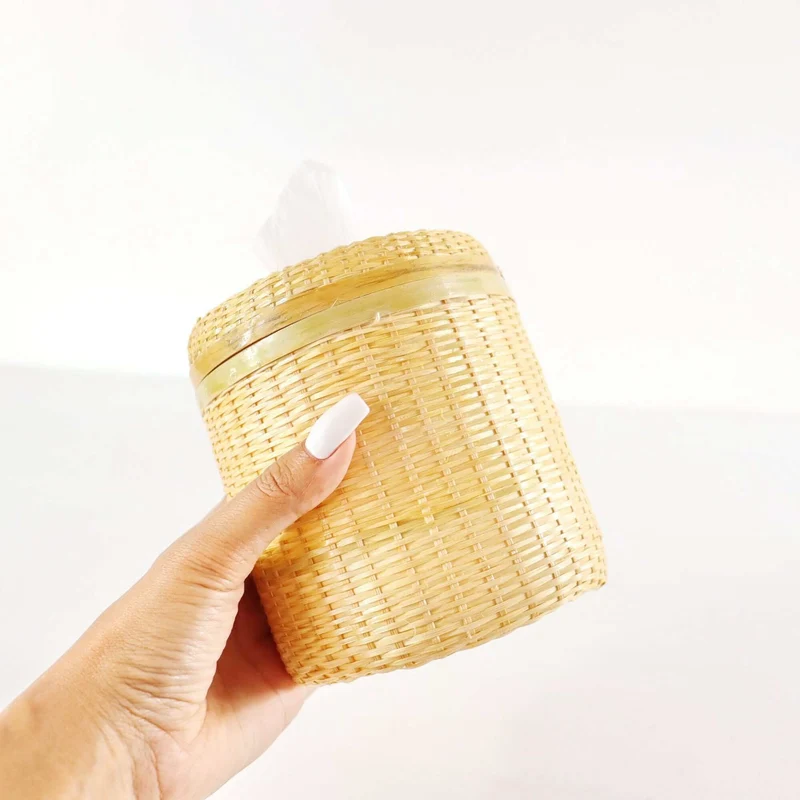 Bamboo Tissue Box Cover — Boho Handwoven Natural Bathroom Decor Organizer