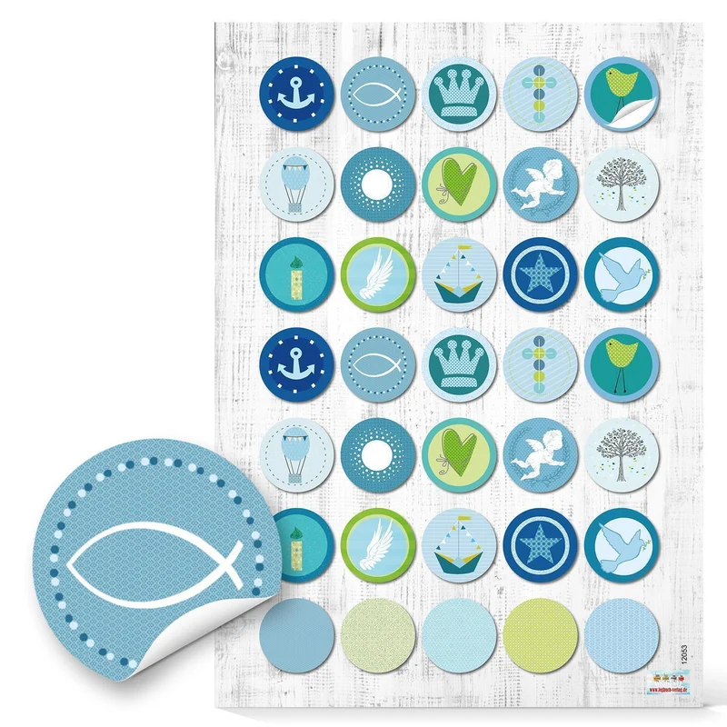 3 x 35 Stück runde 3 cm blau türkis grün hellblau maritime KINDER KOMMUNION TAUFE Aufkleber zur Verpackung mit Fische Anker Segelboot Schiff Engel Krone Kreuz Herz zur Deko Fest Geburtstag Jungen