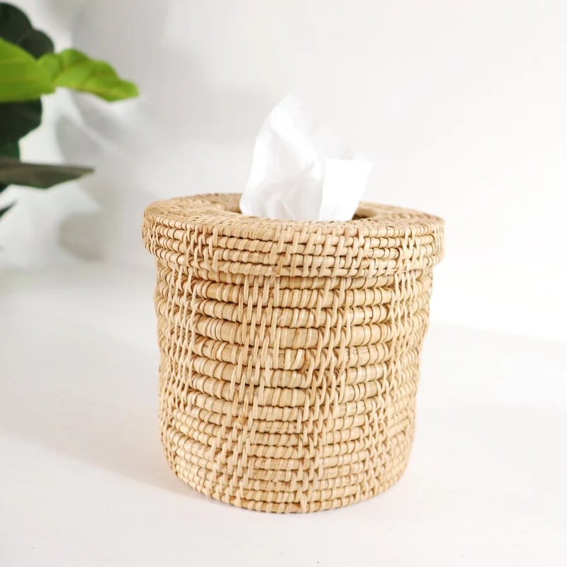 Natural Round Cylinder Rattan Tissue Box Cover — Boho Handwoven Bathroom Decor Organizer