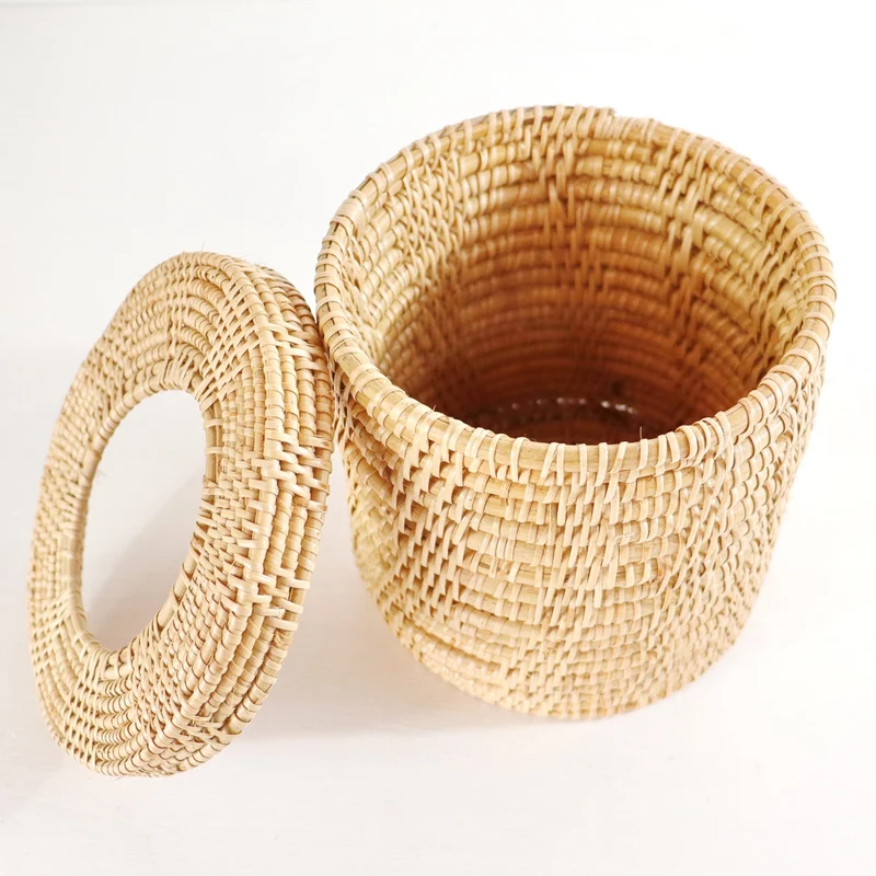 Natural Round Cylinder Rattan Tissue Box Cover — Boho Handwoven Bathroom Decor Organizer