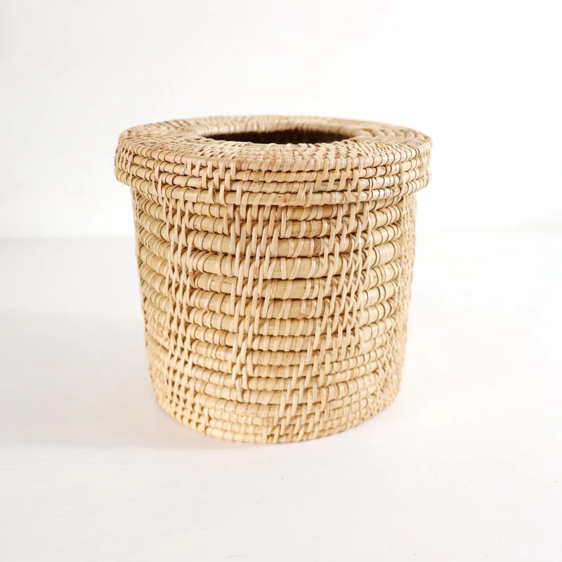 Natural Round Cylinder Rattan Tissue Box Cover — Boho Handwoven Bathroom Decor Organizer