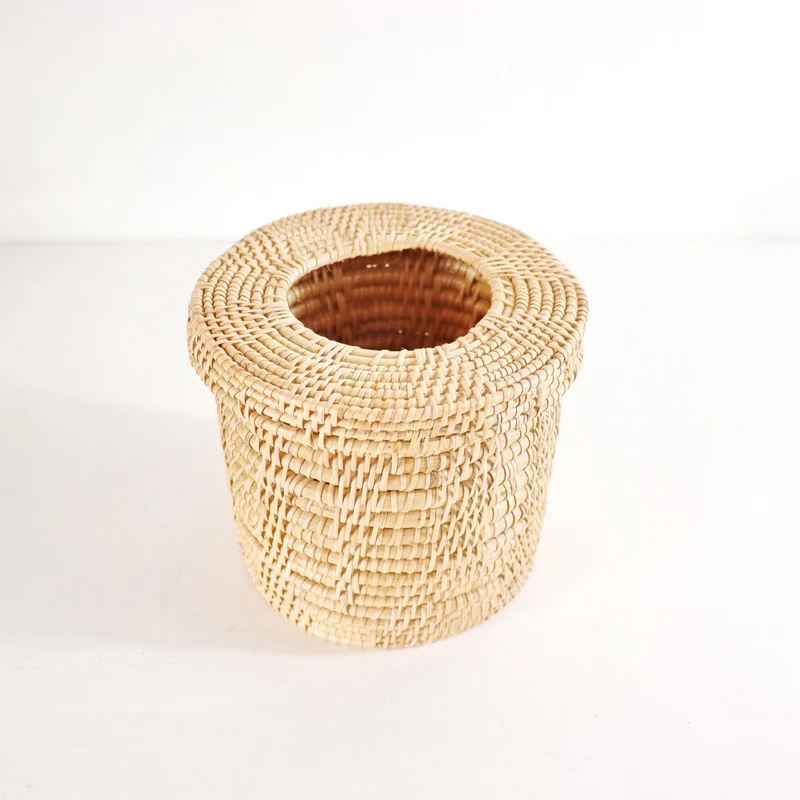 Natural Round Cylinder Rattan Tissue Box Cover — Boho Handwoven Bathroom Decor Organizer