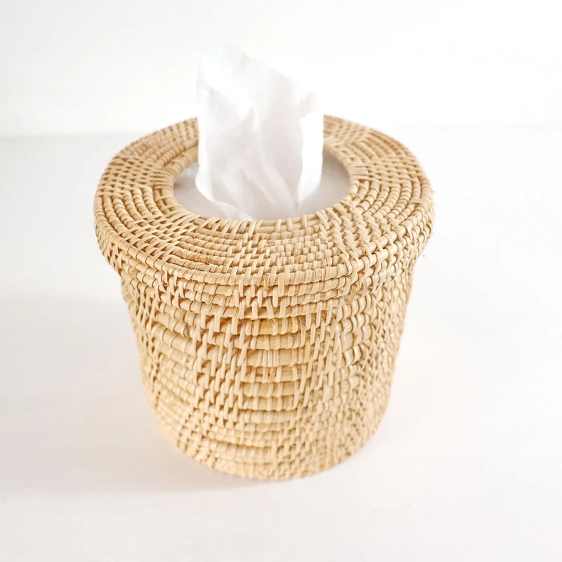 Natural Round Cylinder Rattan Tissue Box Cover — Boho Handwoven Bathroom Decor Organizer
