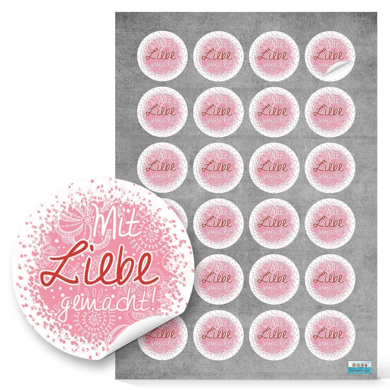 24 kleine runde rosa pink rot Mit LIEBE gemacht Aufkleber Sticker selbstklebende Etiketten für selbst Gemachtes anstelle selbstgemacht Handarbeit handgemacht eigene Herzstellung Verpackung