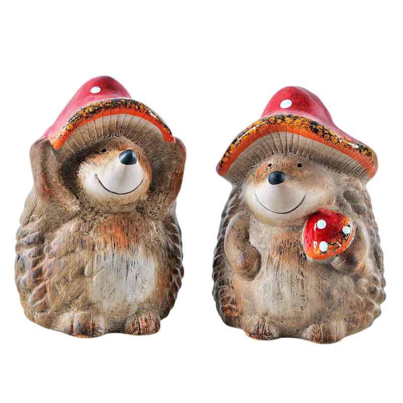 Igel Figuren 2er-Set aus Keramik 18 cm mit Pilz und Hut