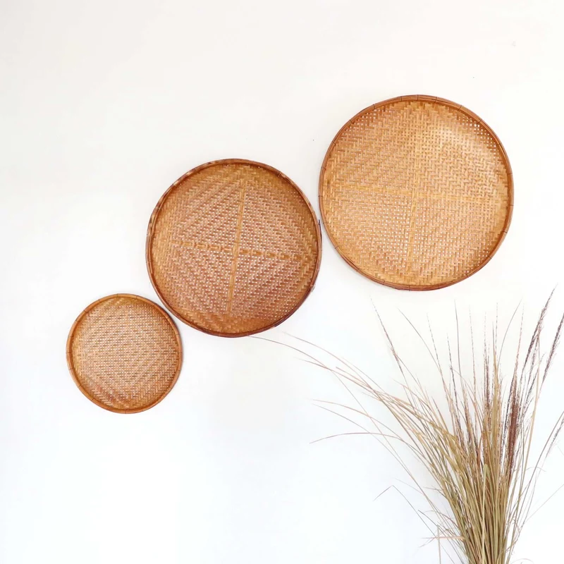 Brown Antique Round Bamboo Wall Decor Set of 3 — Boho Handwoven Wicker Hanging Basket Wall Art