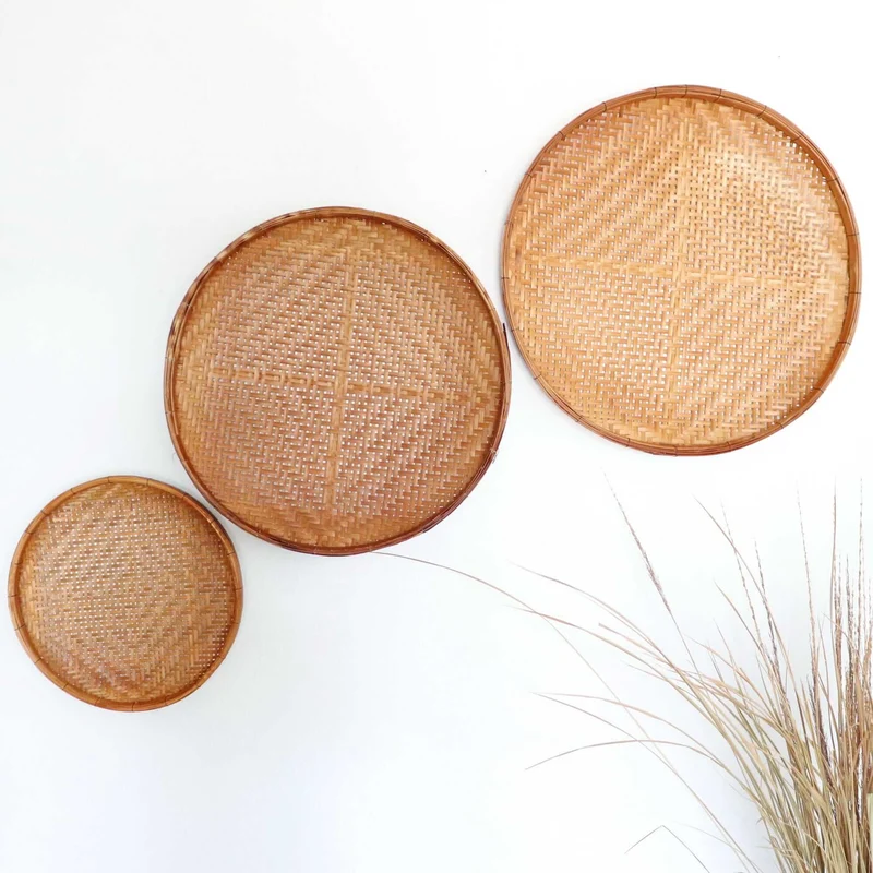 Brown Antique Round Bamboo Wall Decor Set of 3 — Boho Handwoven Wicker Hanging Basket Wall Art