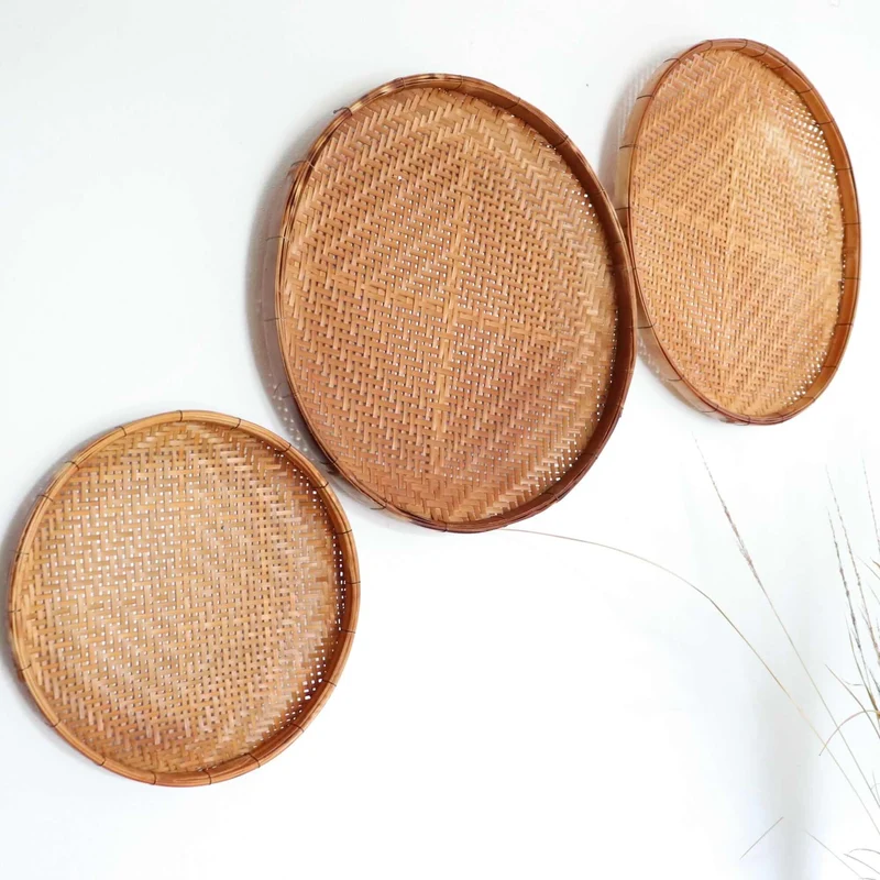 Brown Antique Round Bamboo Wall Decor Set of 3 — Boho Handwoven Wicker Hanging Basket Wall Art