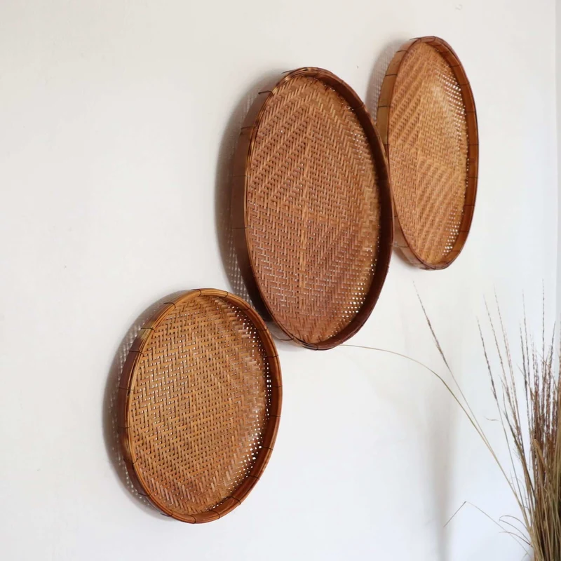 Brown Antique Round Bamboo Wall Decor Set of 3 — Boho Handwoven Wicker Hanging Basket Wall Art