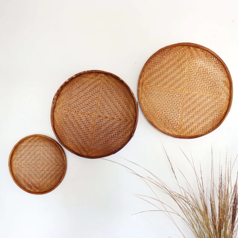 Brown Antique Round Bamboo Wall Decor Set of 3 — Boho Handwoven Wicker Hanging Basket Wall Art