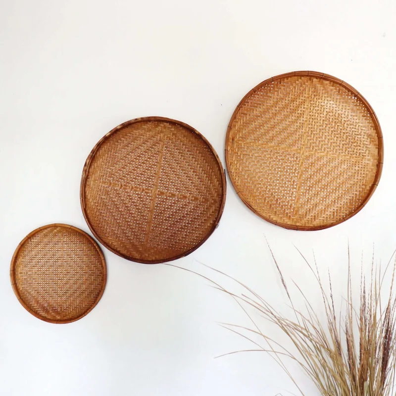 Brown Antique Round Bamboo Wall Decor Set of 3 — Boho Handwoven Wicker Hanging Basket Wall Art