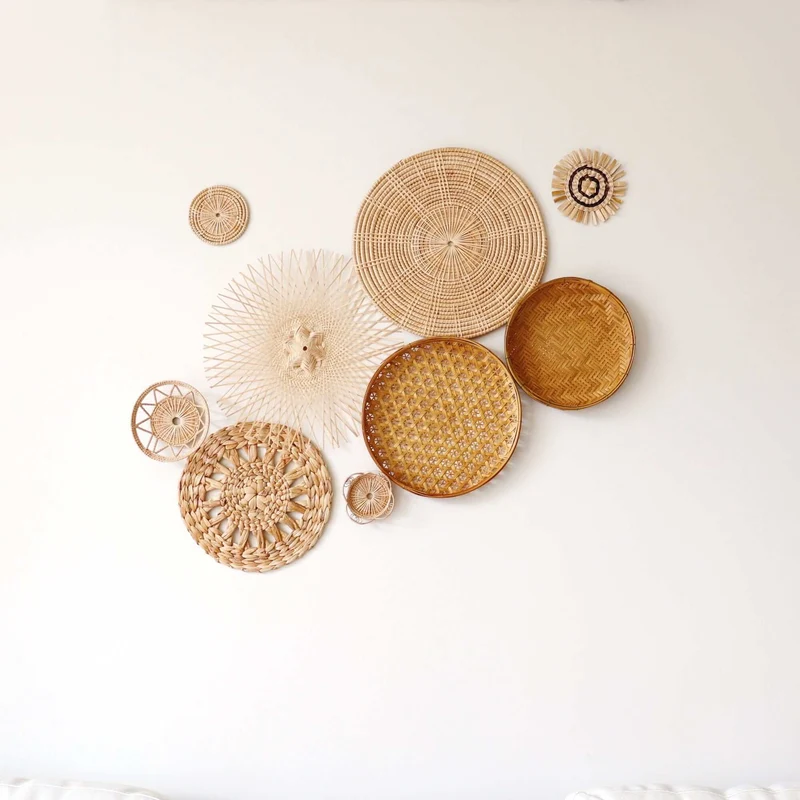 Natural Multi-Texture Bamboo Wall Decor Set of 9 — Boho Handwoven Mixed Basket Gallery Wall Art