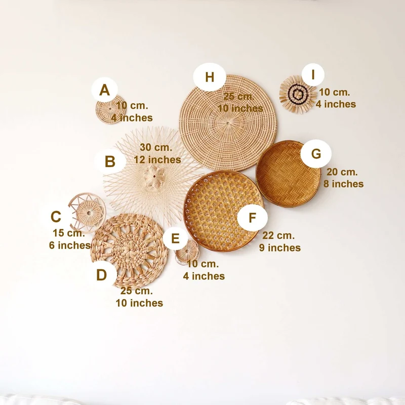 Natural Multi-Texture Bamboo Wall Decor Set of 9 — Boho Handwoven Mixed Basket Gallery Wall Art
