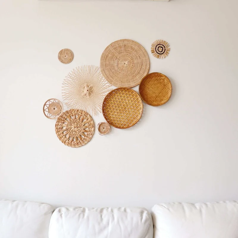 Natural Multi-Texture Bamboo Wall Decor Set of 9 — Boho Handwoven Mixed Basket Gallery Wall Art