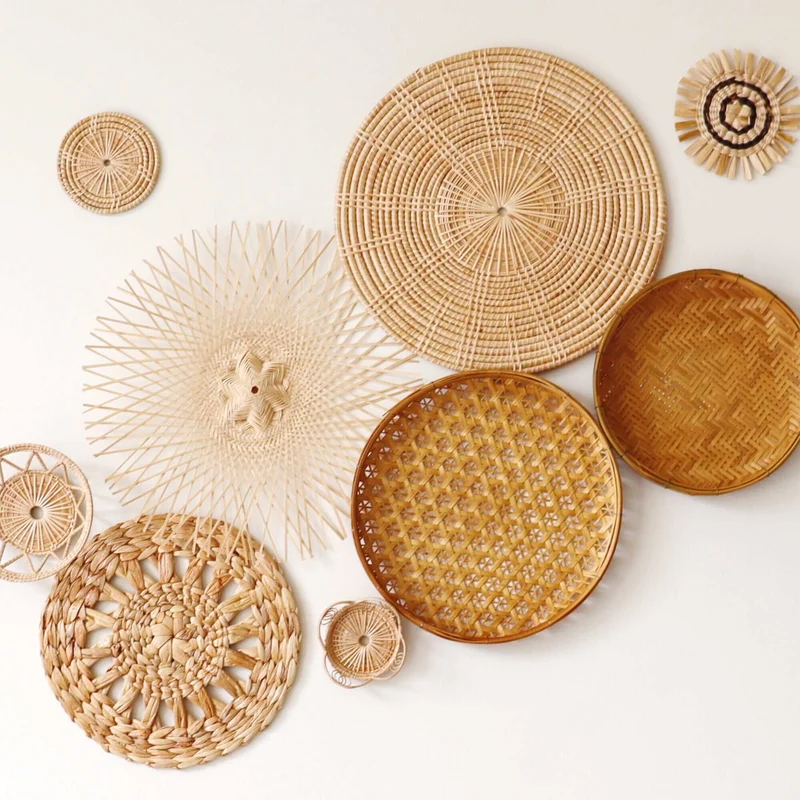 Natural Multi-Texture Bamboo Wall Decor Set of 9 — Boho Handwoven Mixed Basket Gallery Wall Art