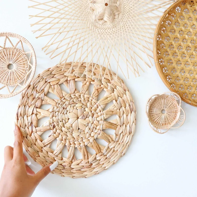 Natural Multi-Texture Bamboo Wall Decor Set of 9 — Boho Handwoven Mixed Basket Gallery Wall Art