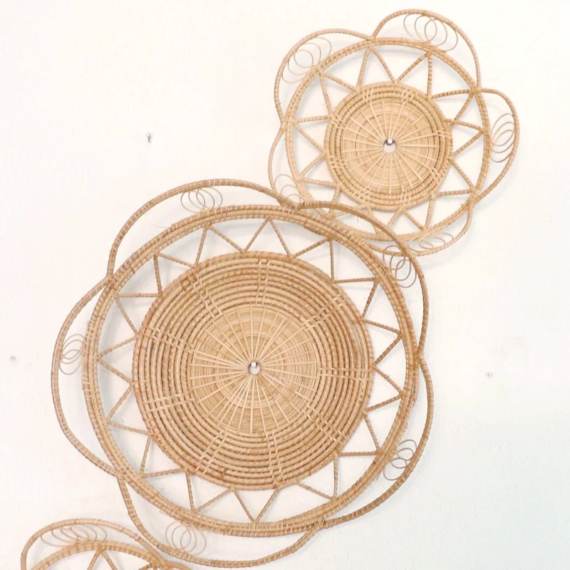Natural Round Rattan Wall Decor Set of 3 — Boho Handwoven Flower Mandala Basket Wall Art