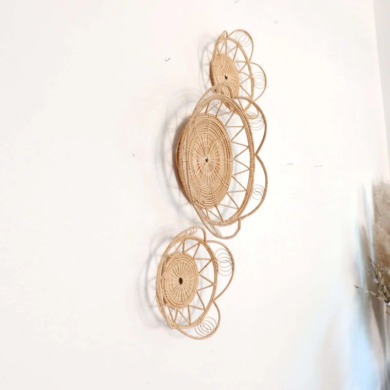 Natural Round Rattan Wall Decor Set of 3 — Boho Handwoven Flower Mandala Basket Wall Art