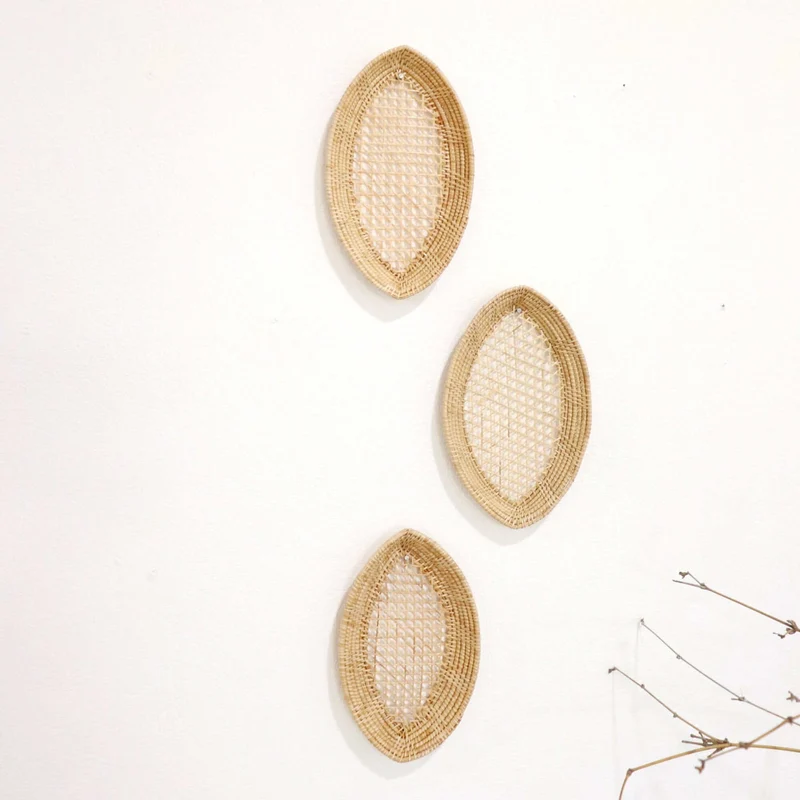 Natural Oval Rattan Wall Decor Set of 3 — Boho Handwoven Leaf-Eye Open-Weave Basket Wall Art