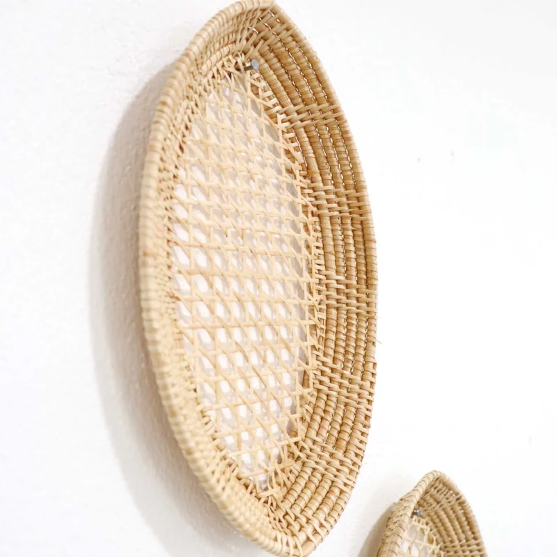 Natural Oval Rattan Wall Decor Set of 3 — Boho Handwoven Leaf-Eye Open-Weave Basket Wall Art