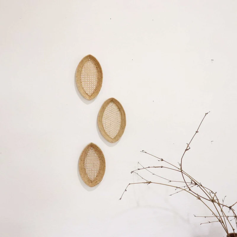 Natural Oval Rattan Wall Decor Set of 3 — Boho Handwoven Leaf-Eye Open-Weave Basket Wall Art