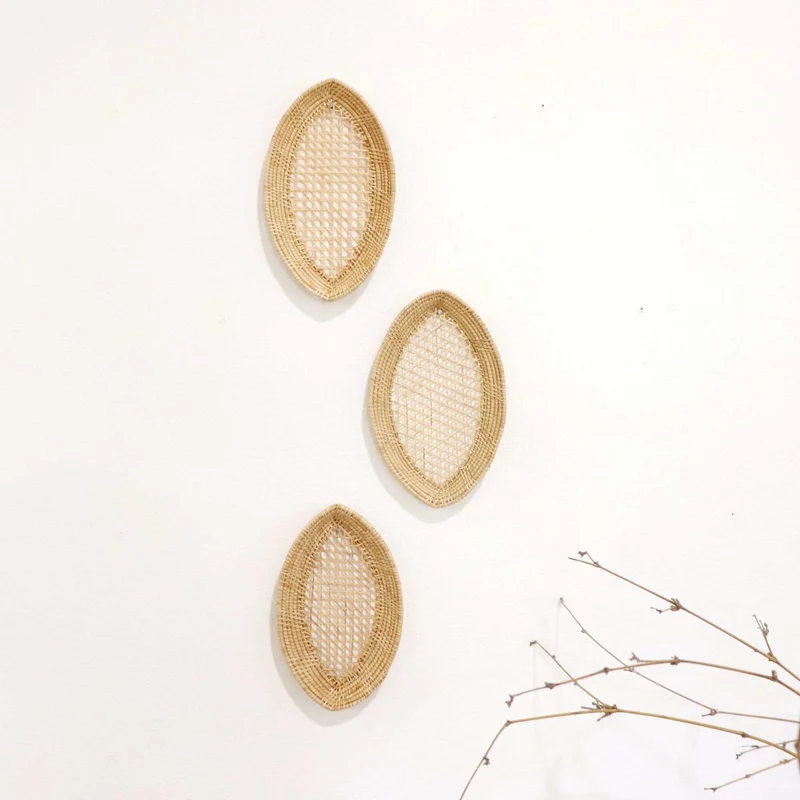 Natural Oval Rattan Wall Decor Set of 3 — Boho Handwoven Leaf-Eye Open-Weave Basket Wall Art