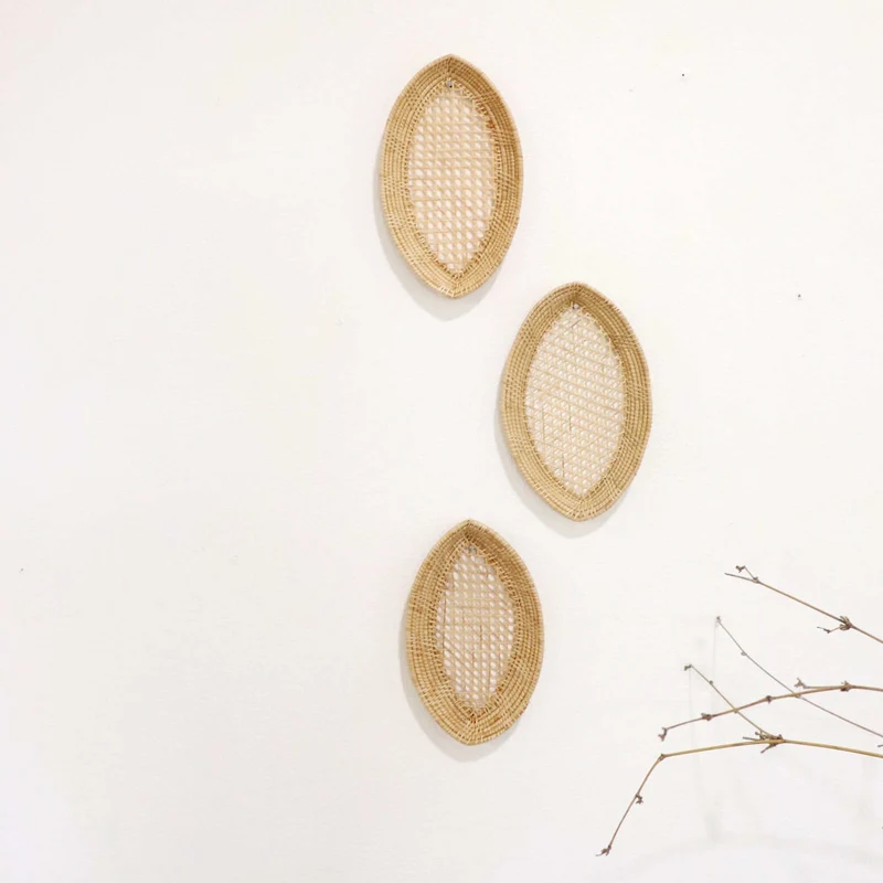 Natural Oval Rattan Wall Decor Set of 3 — Boho Handwoven Leaf-Eye Open-Weave Basket Wall Art