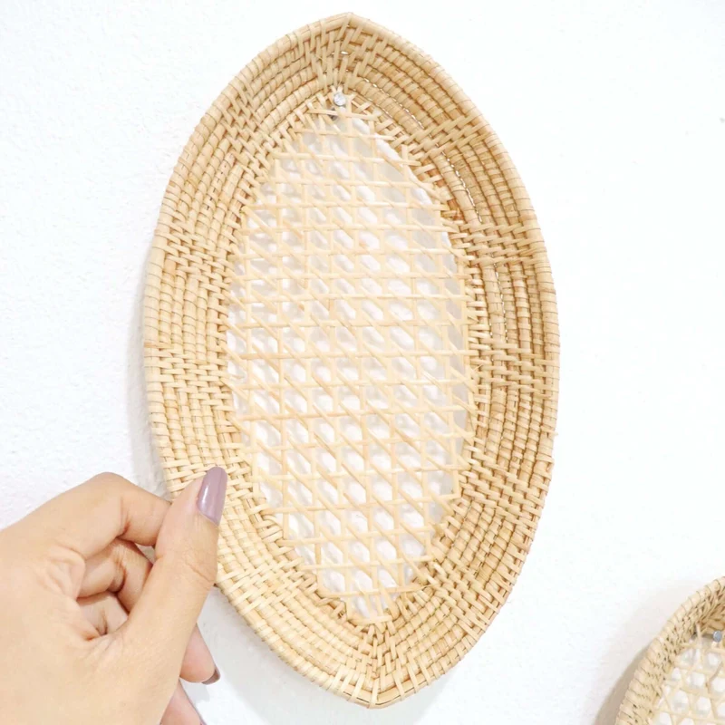 Natural Oval Rattan Wall Decor Set of 3 — Boho Handwoven Leaf-Eye Open-Weave Basket Wall Art