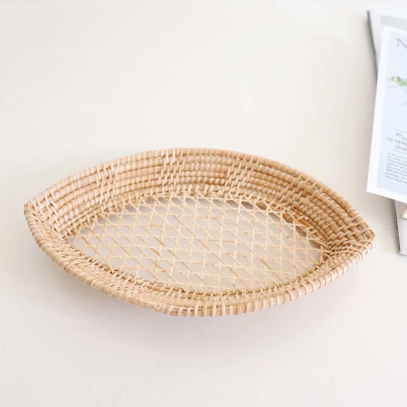 Natural Oval Rattan Storage Tray Basket — Boho Handwoven Open-Weave Wicker Bread Organizer