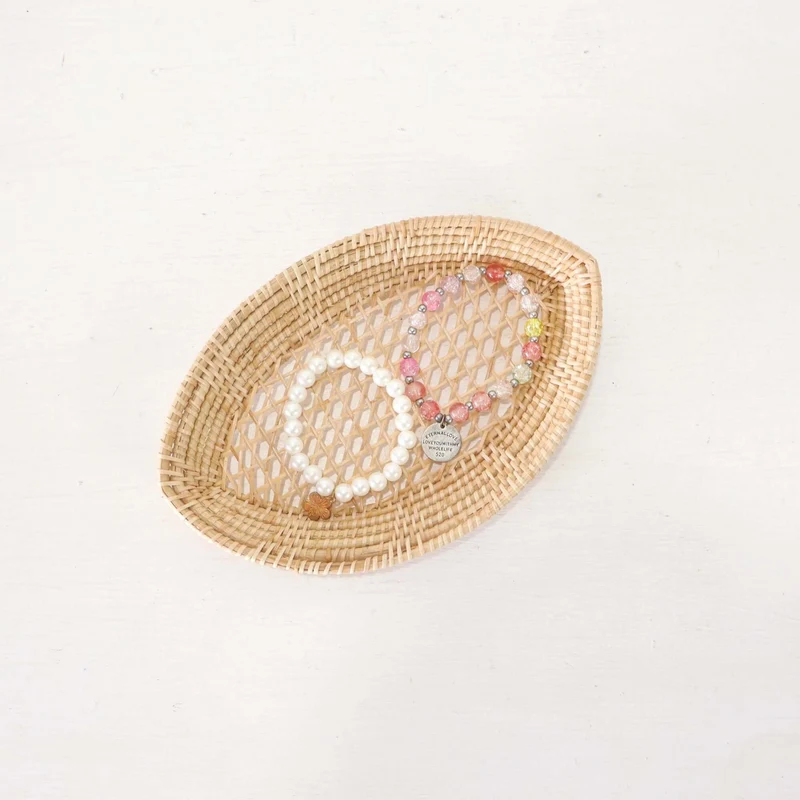 Natural Oval Rattan Storage Tray Basket — Boho Handwoven Open-Weave Wicker Bread Organizer