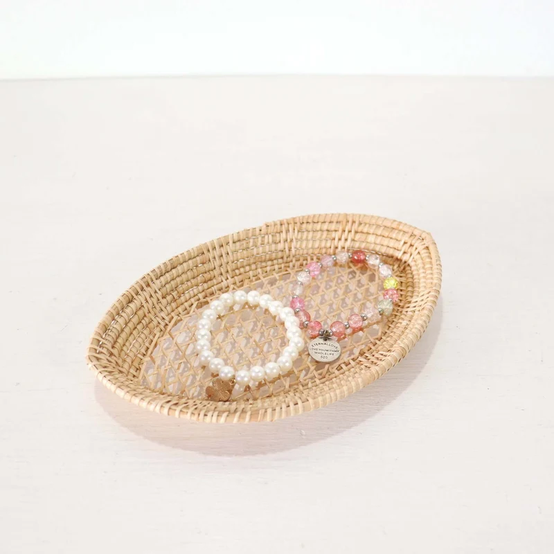 Natural Oval Rattan Storage Tray Basket — Boho Handwoven Open-Weave Wicker Bread Organizer