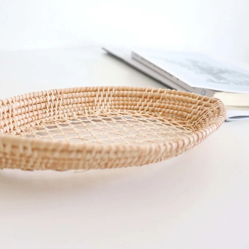 Natural Oval Rattan Storage Tray Basket — Boho Handwoven Open-Weave Wicker Bread Organizer