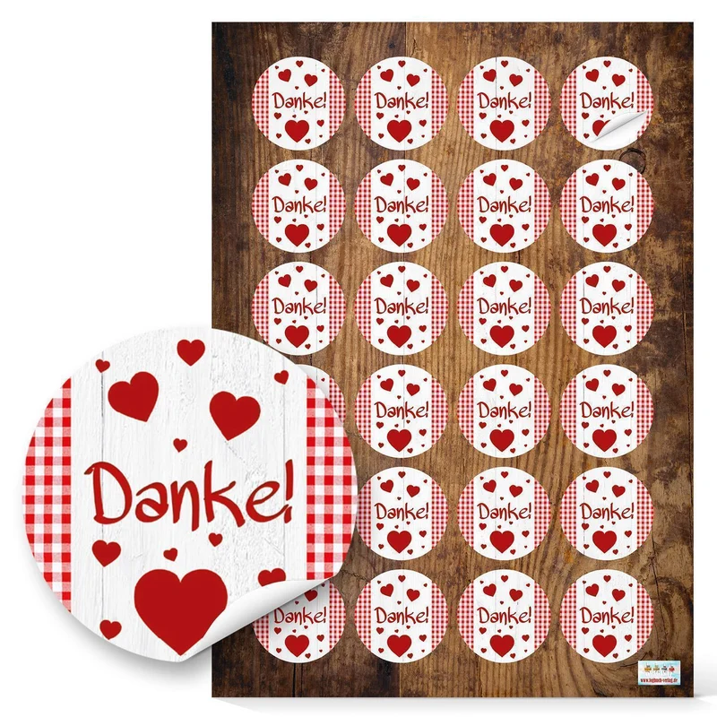 96 runde rot weiße Herzen DANKE karierte Aufkleber Sticker 4 cm selbstklebend Etiketten Sticker - Verpackung Gastgeschenke Kunden give-away Mitgebsel Hochzeit Geburtstag Dankeskarten Geschenke
