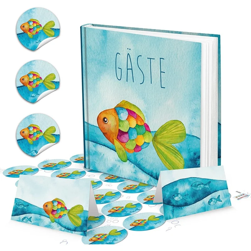 Regenbogenfisch Gästebuch BUNTER FISCH + 24 runde Fische Aufkleber + 25 Tischkarten - ideal für Taufe Kommunion Kindergeburtstag Geburtstag als Tischdeko maritim - Mädchen und Jungen