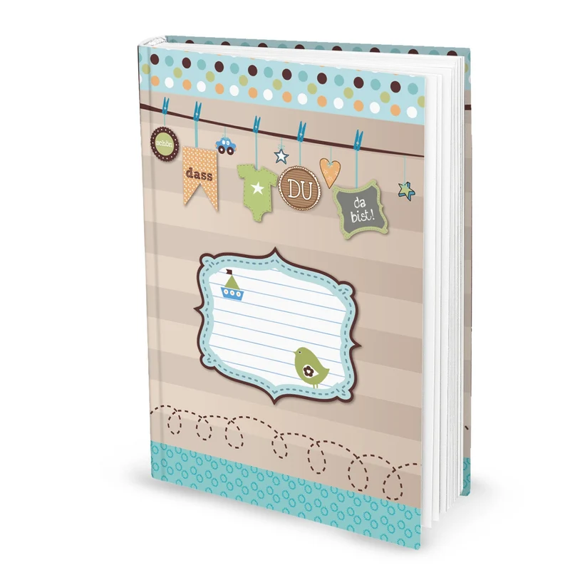 Babytagebuch DIN A4 "schön, dass du da bist" – leeres Buch zum Beschriften in Blau, Türkis und Natur