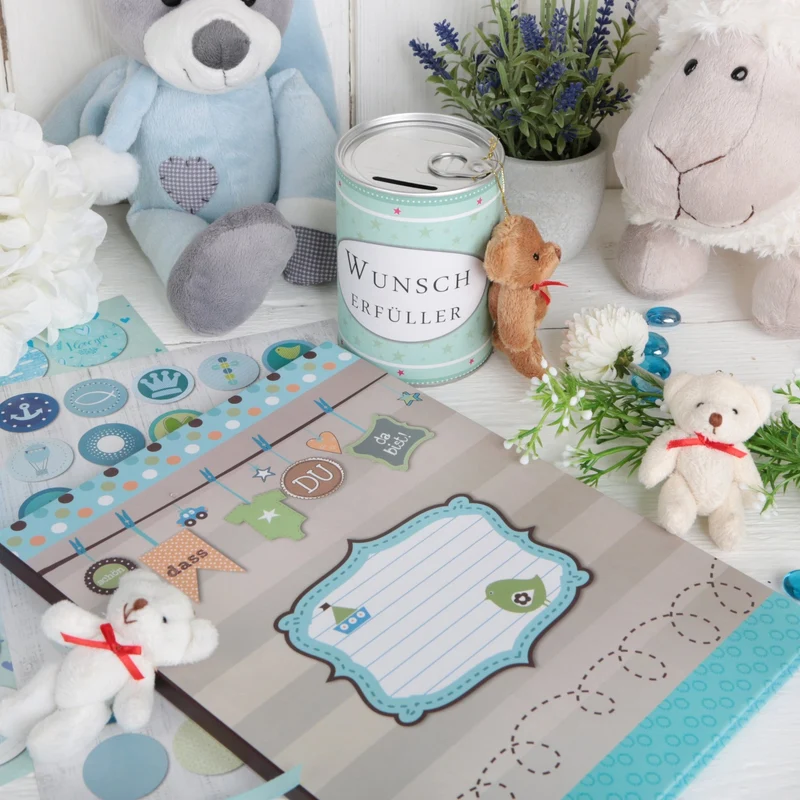 Babytagebuch DIN A4 "schön, dass du da bist" – leeres Buch zum Beschriften in Blau, Türkis und Natur