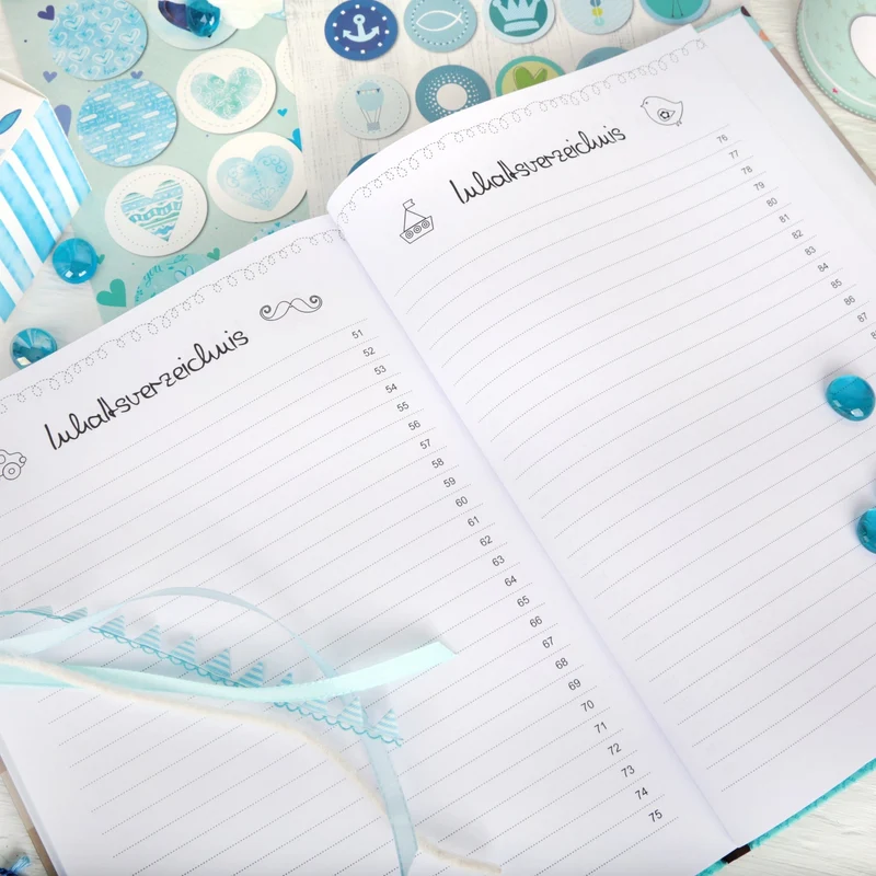 Babytagebuch DIN A4 "schön, dass du da bist" – leeres Buch zum Beschriften in Blau, Türkis und Natur
