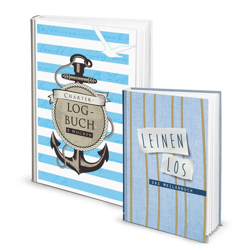 Geschenk-SET 2 Segelbücher gebunden blau: DIN A4 Buch - 8 Wochen Logbuch für Charter Urlaub Segler Schiffstagebuch Segeln + DIN A5 Seemeilenbuch Segeln Meilenbuch Geschenk für Segler