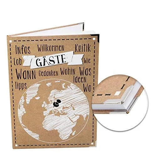 Gästebuch braun schwarz weiß DIN A4 Hardcover mit leeren Seiten - Weltkugel Motiv
