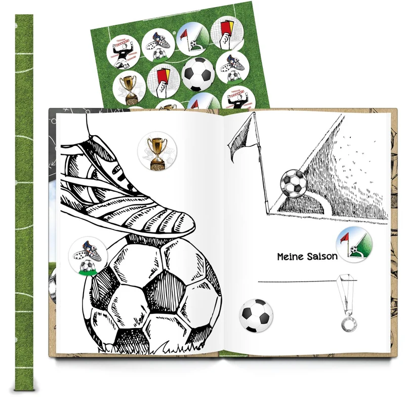 Geschenk-SET Fußball-Buch Geschenk Fußballer Jungen MEINE SAISON + 24 runde Fußball-Aufkleber Sticker Album als Geburtstagsgeschenk Geschenkidee Fußballspieler
