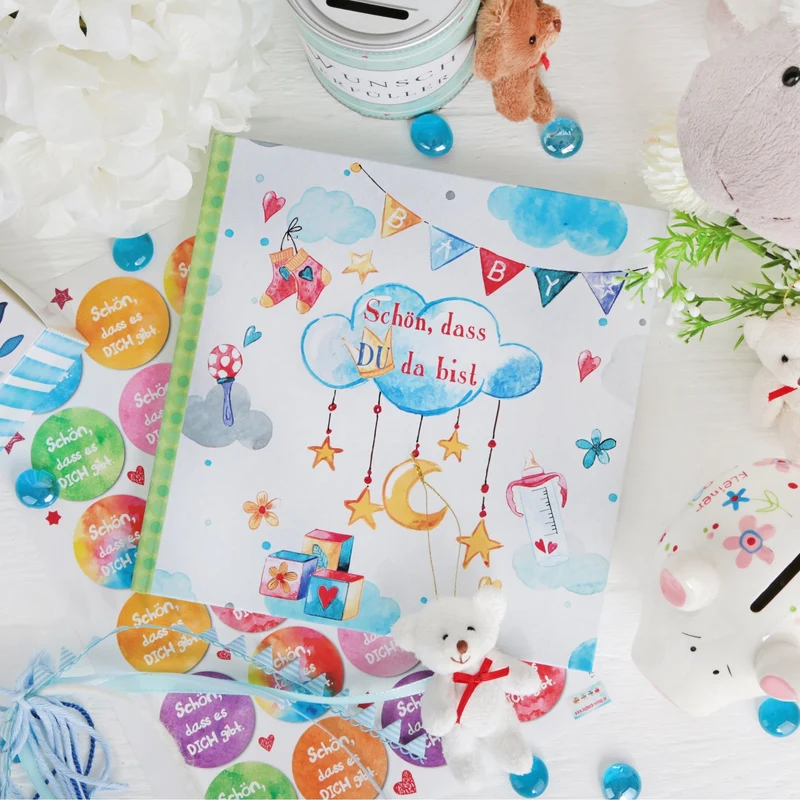 Babytagebuch quadratisch "Schön, dass du da bist" blau grün - Baby Tagebuch Geschenk