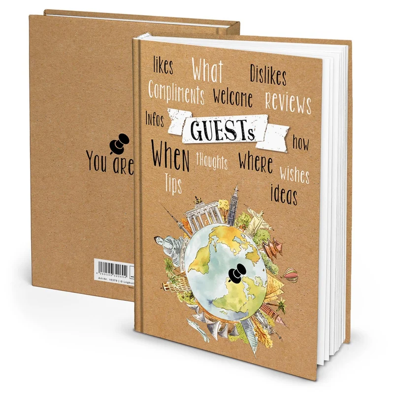 Gästebuch DIN A4 Hardcover braun mit Weltkugel Globus Motiv braun bunt mit leeren weißen Seiten